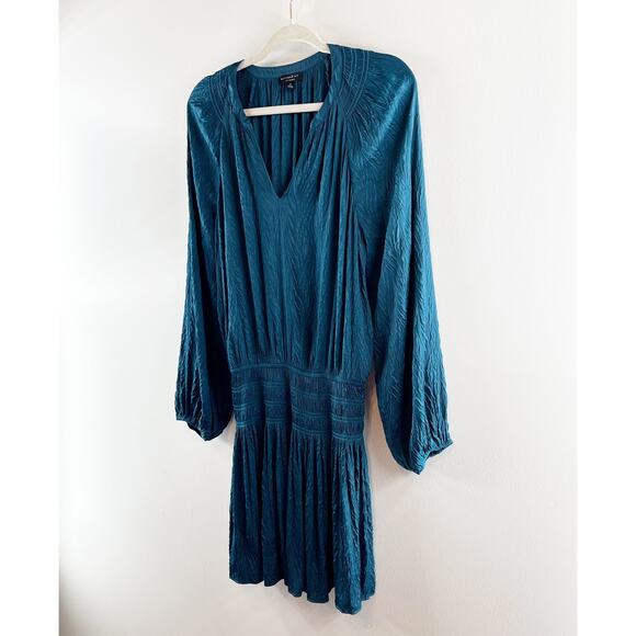 Current Air Long Sleeve Smocked Waist V Neck Satin Mini Dress Teal Medium - Picture 8 of 8